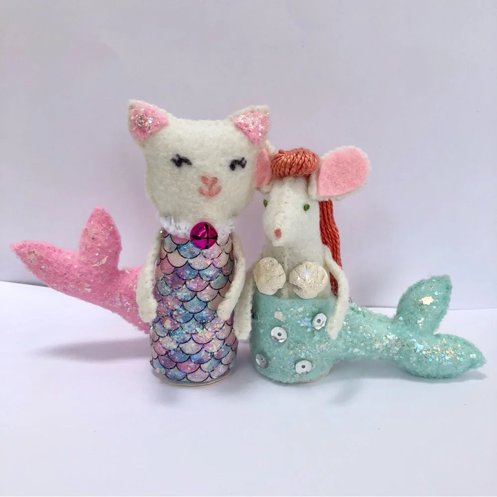 Mermaid Cat Mercat! felt cat doll hand-sewn fun, pink tail scales sparkly